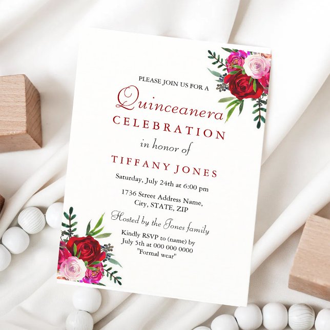 Invitation Quinceañera Rose Rouge - Élégance Moderne (Créateur téléchargé)