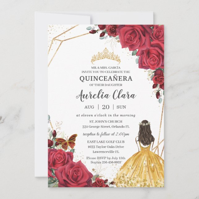 Invitation Quinceañera Rose rouge Floral Robe Jaune Princesse (Devant)