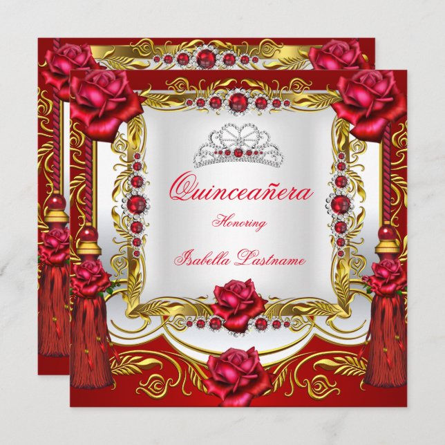 Invitation Quinceanera Rose Rouge or rouge Tassels Tiara (Devant / Derrière)