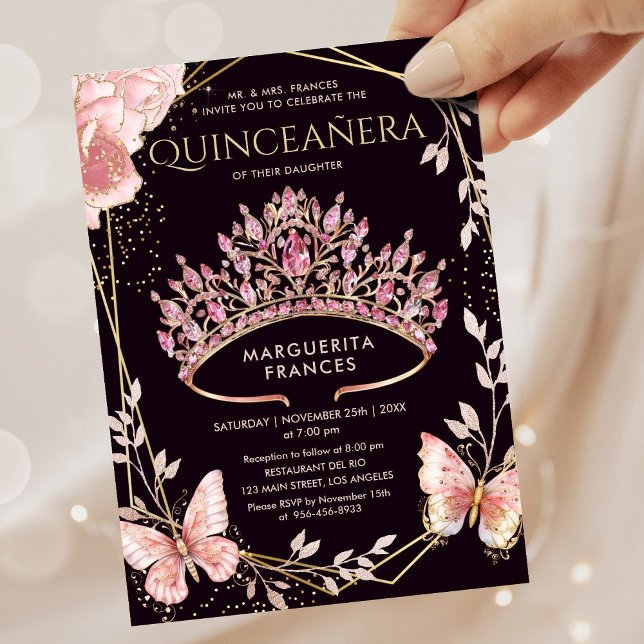 Invitation Quinceañera Rose Tiara Floral Butterfly Élégant (Créateur téléchargé)