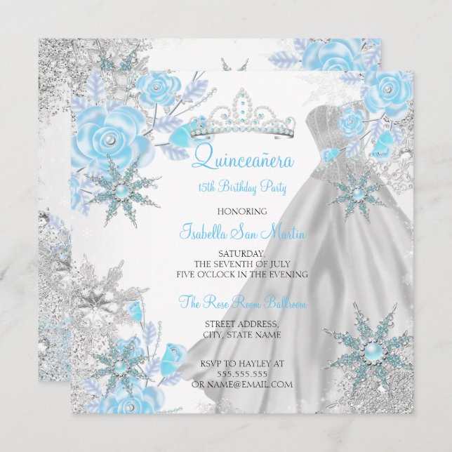 Invitation Quinceanera Rose Turquoise Winter Wonderland Snowf (Devant / Derrière)