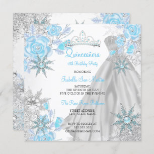 Invitation Quinceanera Rose Turquoise Winter Wonderland Snowf