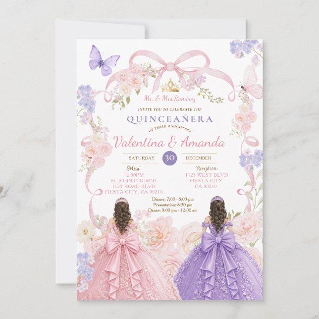 Invitation Quinceañera Rose Twin Rose Pourpre (Devant)