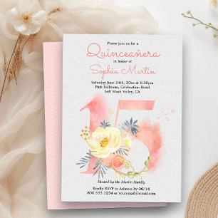 Invitation Quinceanera rose vif Floral Numéro 15 Anniversaire