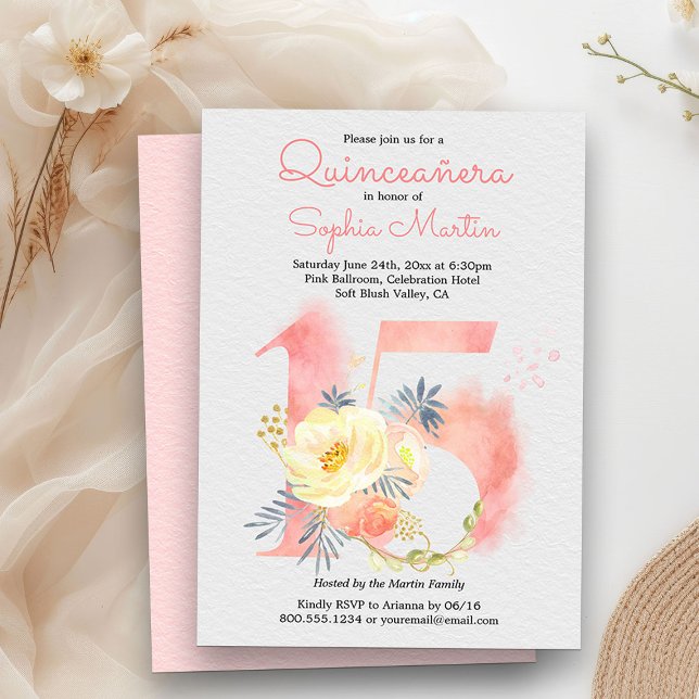 Invitation Quinceanera rose vif Floral Numéro 15 Anniversaire (Quinceanera Invitation from my Blush Pink Number 15 Quinceanera collection
)