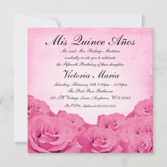 Invitation Quinceanera rose vintage fête d'anniversaire (Devant)