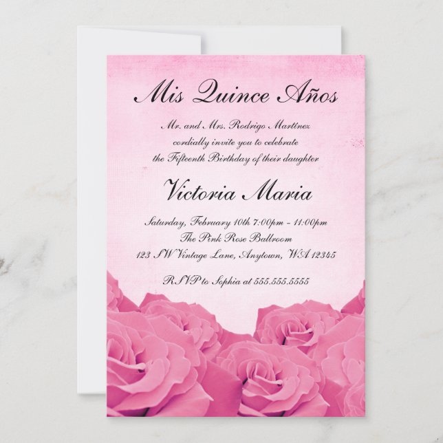Invitation Quinceanera rose vintage fête d'anniversaire (Devant)