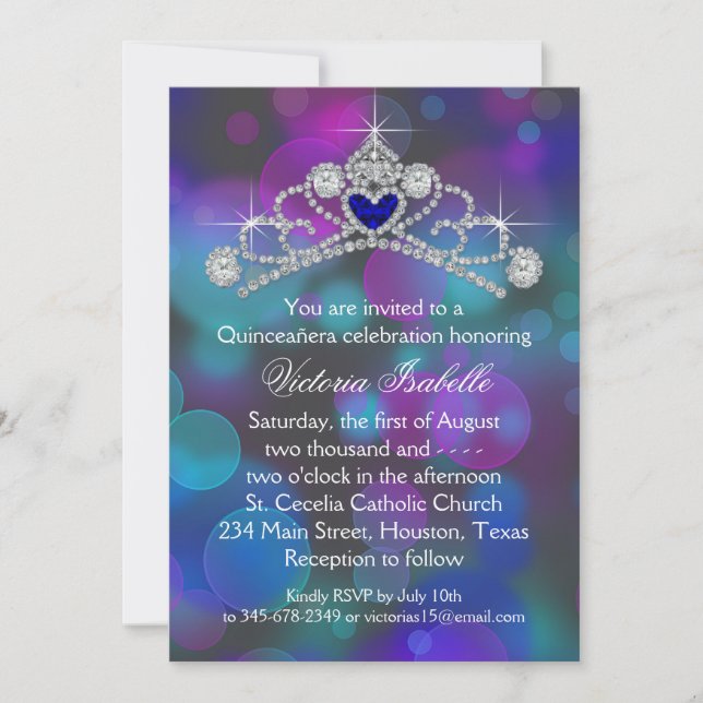 Invitation Quinceañera Rose Violet Bleu Canard (Devant)