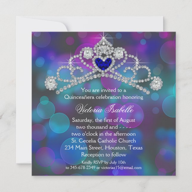 Invitation Quinceanera Rose Violet et Bleu Turquoise (Devant)