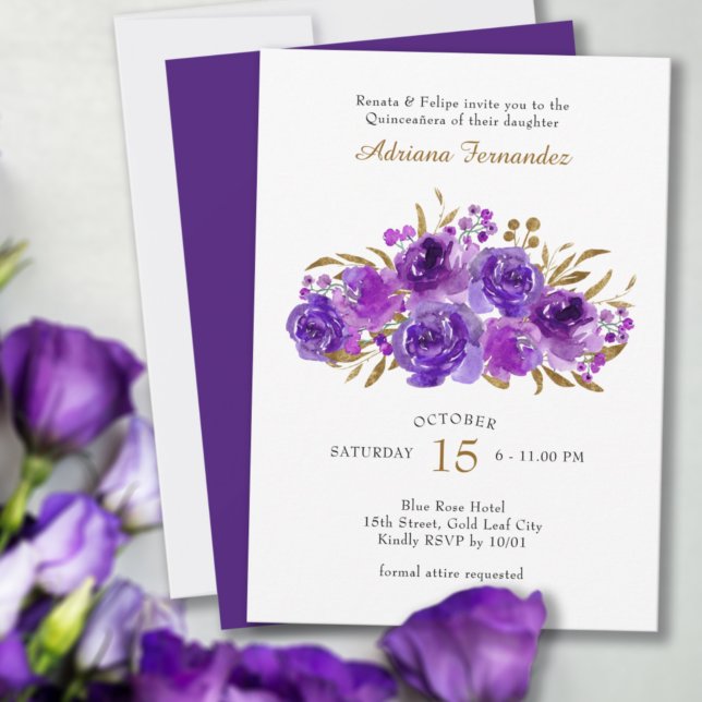 Invitation Quinceanera Rose violet et feuille d'or (Créateur téléchargé)