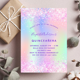 Invitation Quinceanera rose violet parties scintillant hologr