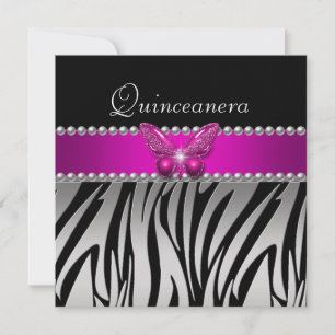 Invitation Quinceanera Rose Zèbre Argent Papillon Noir
