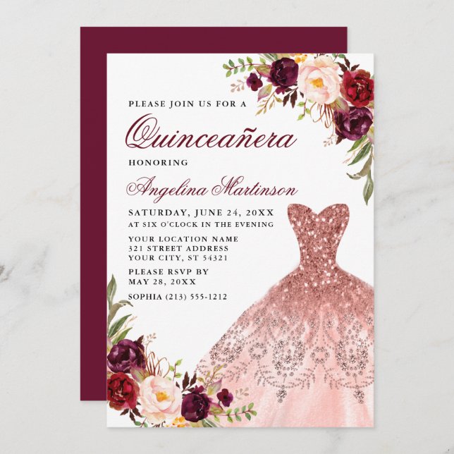 Invitation Quinceanera Rosée Parties scintillant Rosée Robe B (Devant / Derrière)