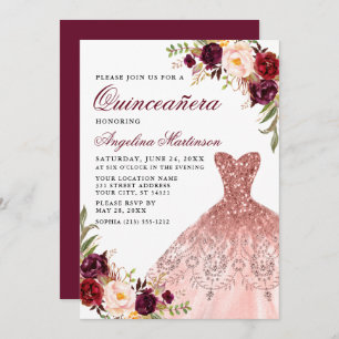 Invitation Quinceanera Rosée Parties scintillant Rosée Robe B