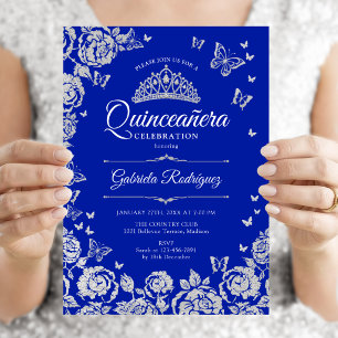 Invitation Quinceanera Roses Argent Papillons Bleu Royal