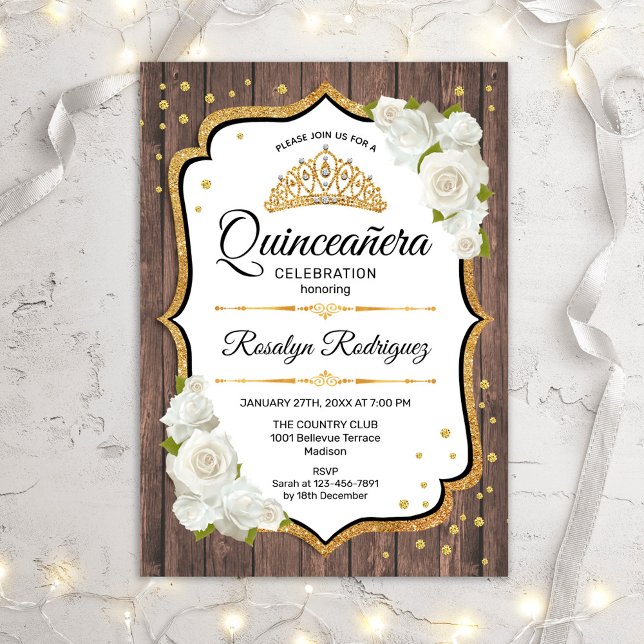 Invitation Quinceanera - Roses blanches en bois rustique (Créateur téléchargé)