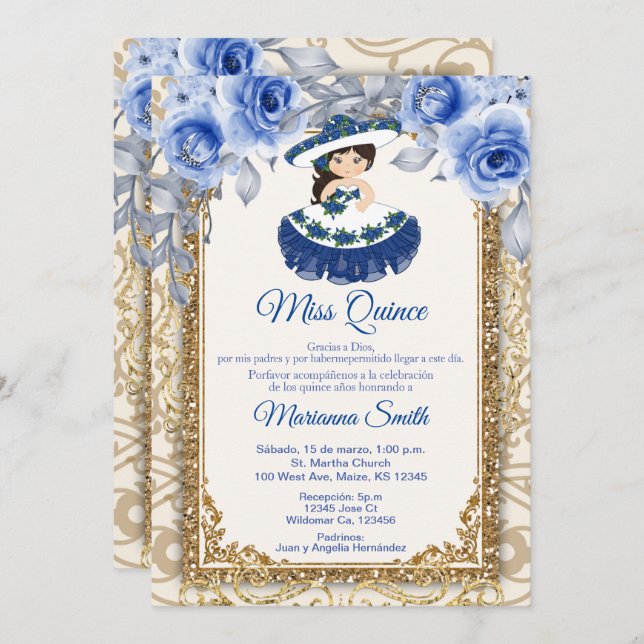 Invitation Quinceañera Roses Bleu Nuit et Or (Devant / Derrière)