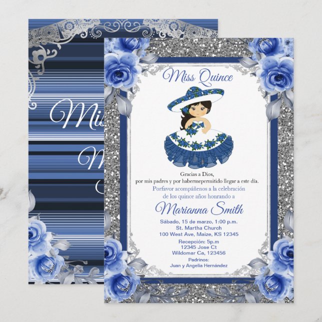 Invitation Quinceañera roses bleu royal (Devant / Derrière)