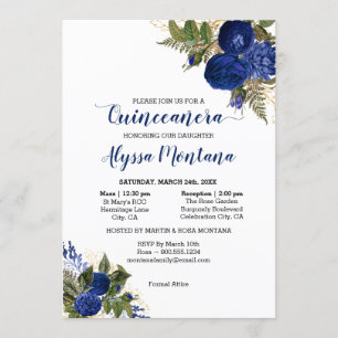 Invitation Quinceanera Roses Bleu Royal Messe & Réception