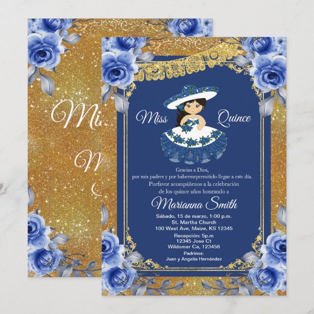 Invitation Quinceañera Roses Bleu Royal Or  (Devant / Derrière)