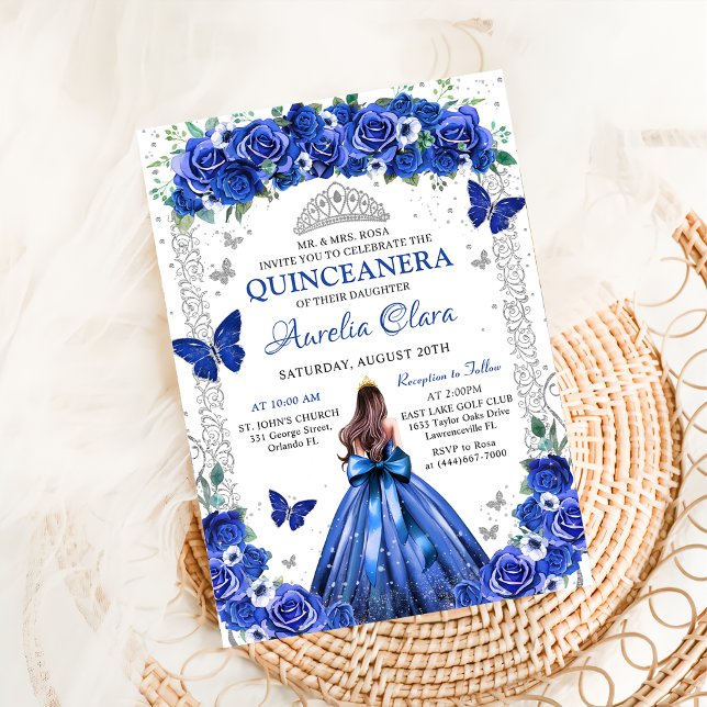 Invitation Quinceañera Roses Bleues Fleurs Princesse Papillon (Créateur téléchargé)