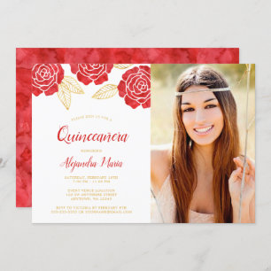 Invitation Quinceanera Roses d'or rouge moderne