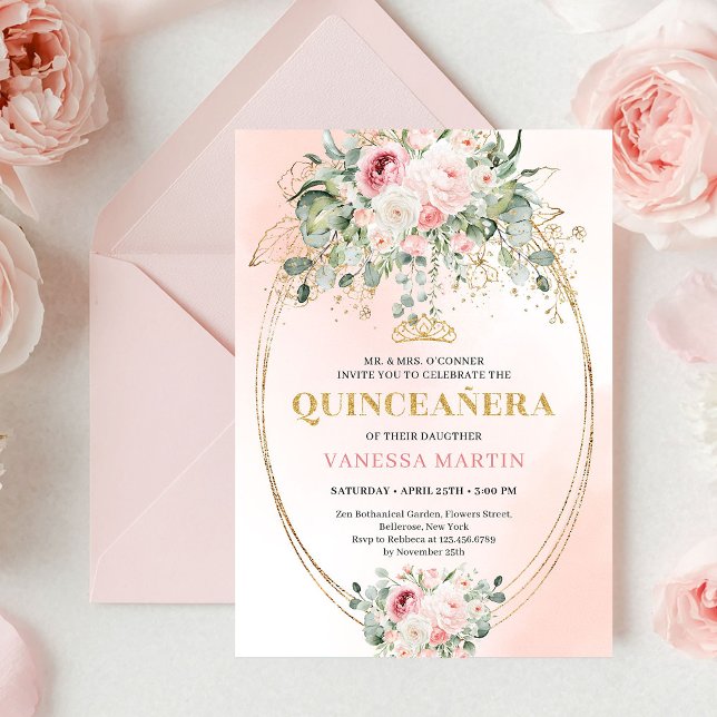 Invitation Quinceañera Roses Eucalyptus Fleurs Ros (Rustic Blush Roses Eucalyptus Quinceañera Invitation)