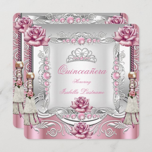 Invitation QUINCEANERA Roses Roses Roses Tassels Argent Tiara (Devant / Derrière)