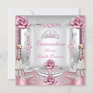 Invitation QUINCEANERA Roses Roses Tassels Diadème Argenté