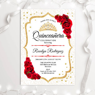 Invitation Quinceanera - Roses rouges d'or blanc