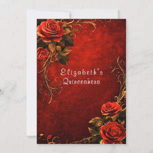 Invitation Quinceanera Roses rouges filigrane doré