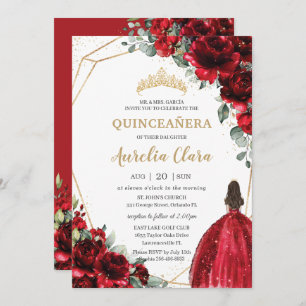 Invitation Quinceañera Roses Rouges Fleurs Floral Princess Go