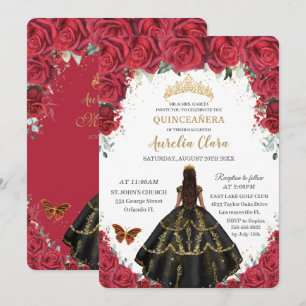 Invitation Quinceañera Roses Rouges Fleurs Roses Noir Rose Or