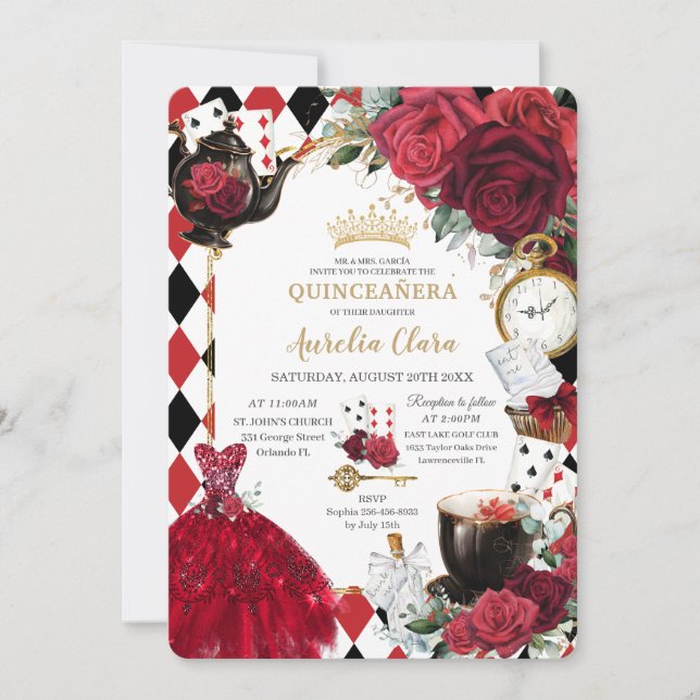 Invitation Quinceañera Roses rouges Floral Alice au Pays des  (Devant)