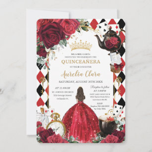Invitation Quinceanera Roses Rouges Floral Alice au Pays des 