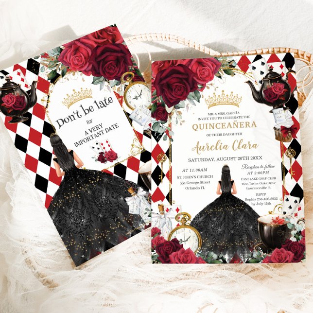 Invitation Quinceanera Roses Rouges Floral Alice au Pays des  (red burgundy roses alice in wonderland black dress brunette girl tea party quinceanera invitation )