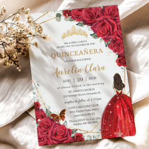 Invitation Quinceañera Roses rouges Floral Gold Princess Crow
