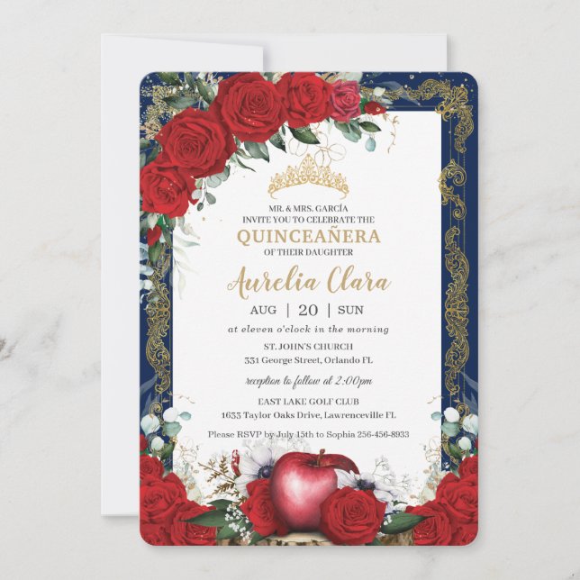 Invitation Quinceañera Roses rouges Floral Neige Blanche Mari (Devant)
