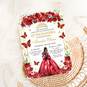 Invitation Quinceañera Roses rouges Floral Princess Papillons