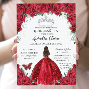 Invitation Quinceañera Roses rouges Floral Princesse Gown Arg