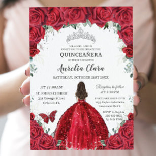 Invitation Quinceañera Roses rouges Floral Princesse Gown Arg