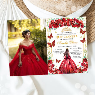 Invitation Quinceañera Roses rouges Floral Princesse Photo