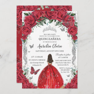 Invitation Quinceañera Roses rouges Floral Princesse Robe Arg
