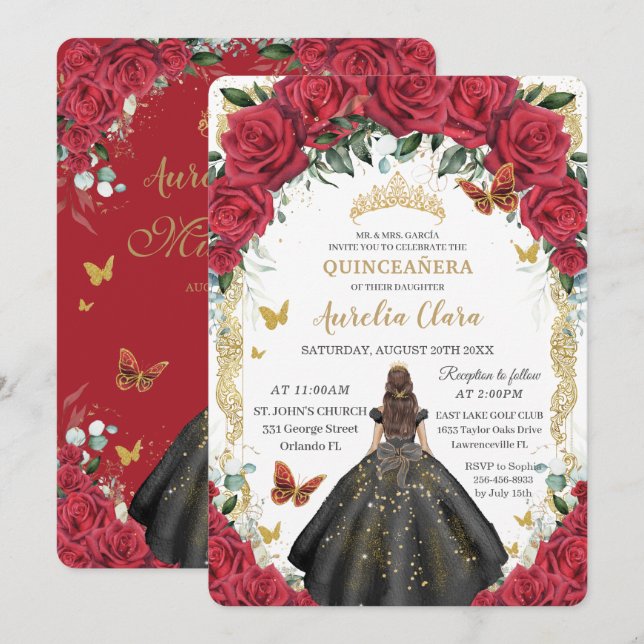 Invitation Quinceañera Roses Rouges Floral Rose Noir Gown Or (Devant / Derrière)