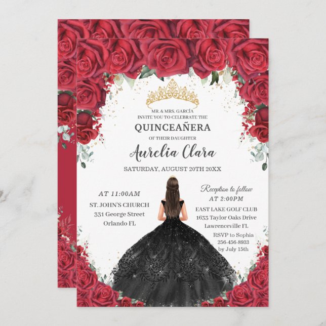 Invitation Quinceañera Roses rouges Floral Rose noire Or (Devant / Derrière)
