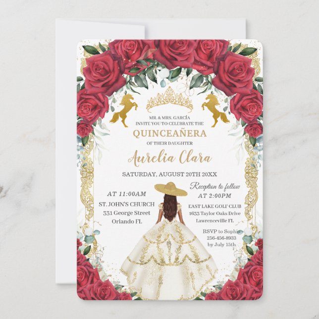 Invitation Quinceañera Roses rouges Floral Roses blanches Che (Devant)