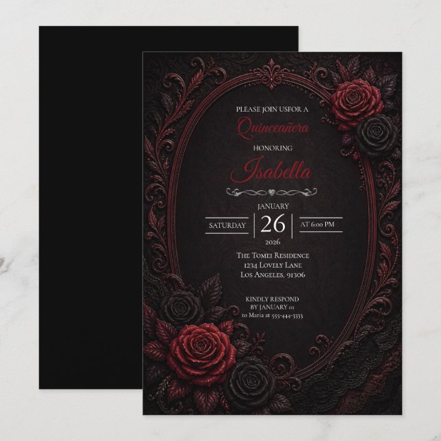 Invitation Quinceañera roses rouges gothiques (Devant / Derrière)