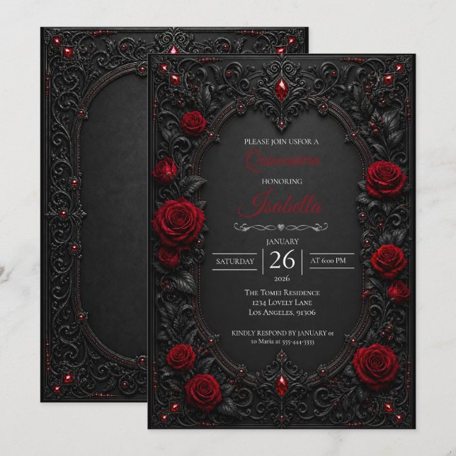 Invitation Quinceañera roses rouges gothiques (Devant / Derrière)