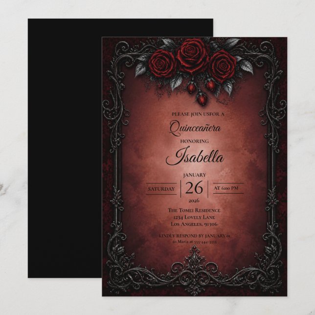 Invitation Quinceañera roses rouges gothiques (Devant / Derrière)