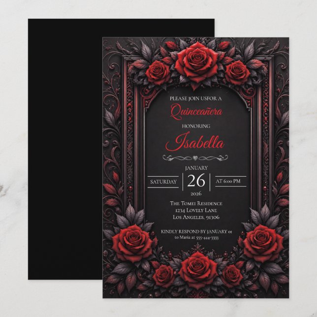 Invitation Quinceañera roses rouges gothiques (Devant / Derrière)
